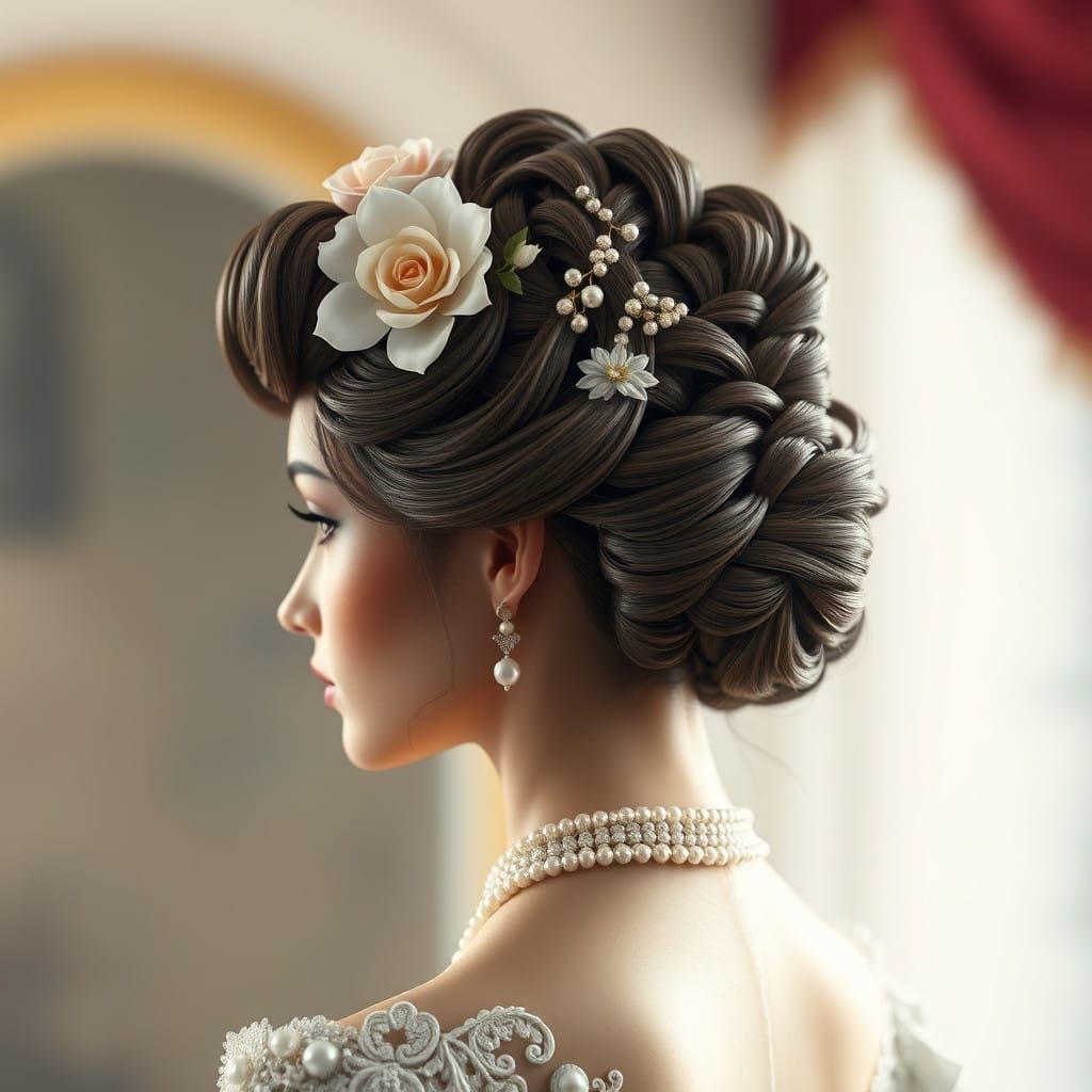 Luxurious High-Fashion Bride in Exquisite Updo with Pearls a...