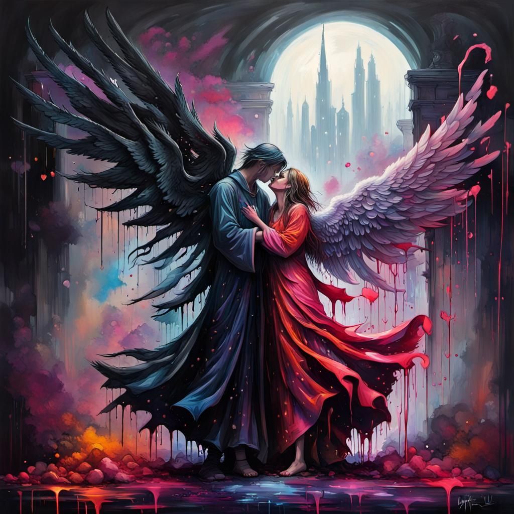 Dark Mage and Fallen Angel Lovers, Good & Evil embraced together, detailed faces, expressive eyes