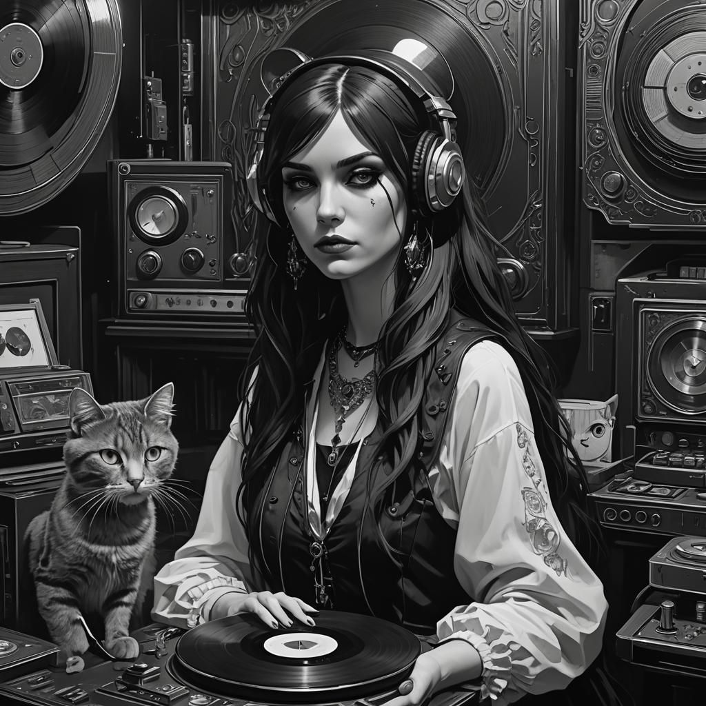 Gothic Girl Portrait with Cat in Dark Fantasy Style