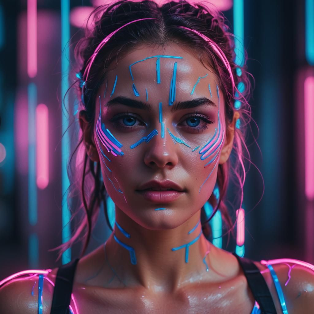Synthwave Portrait of Woman with Neon Stripes