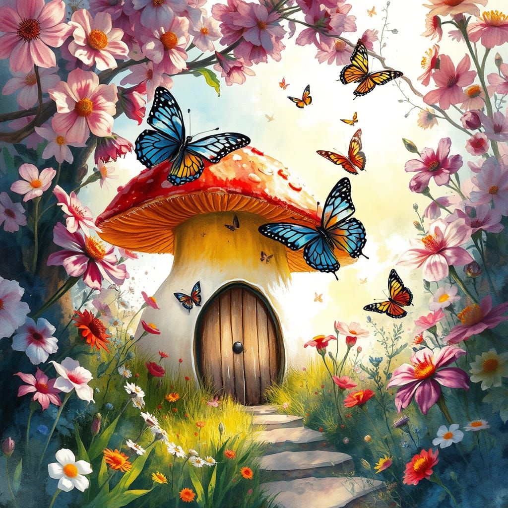 Fairytale Mushroom House with Butterflies, Watercolour Style