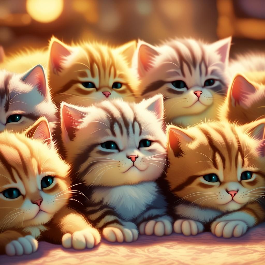 Pixar-Style: Eight Adorable Kittens Sleeping