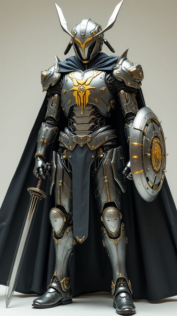 Cyberpunk Cyborg Hero with Samurai Sword and Shield