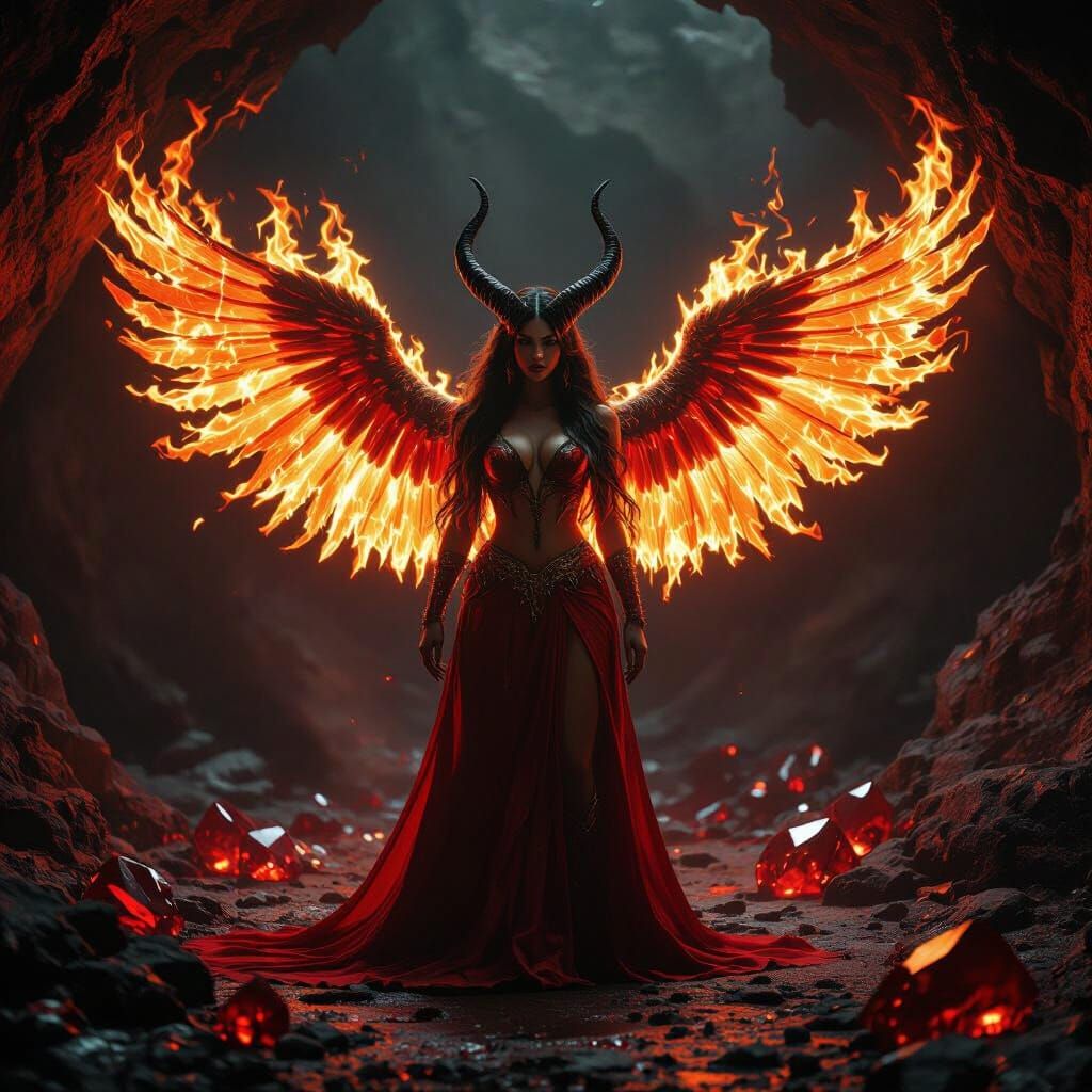 Fiery Horned Goddess in a Crystal Cave