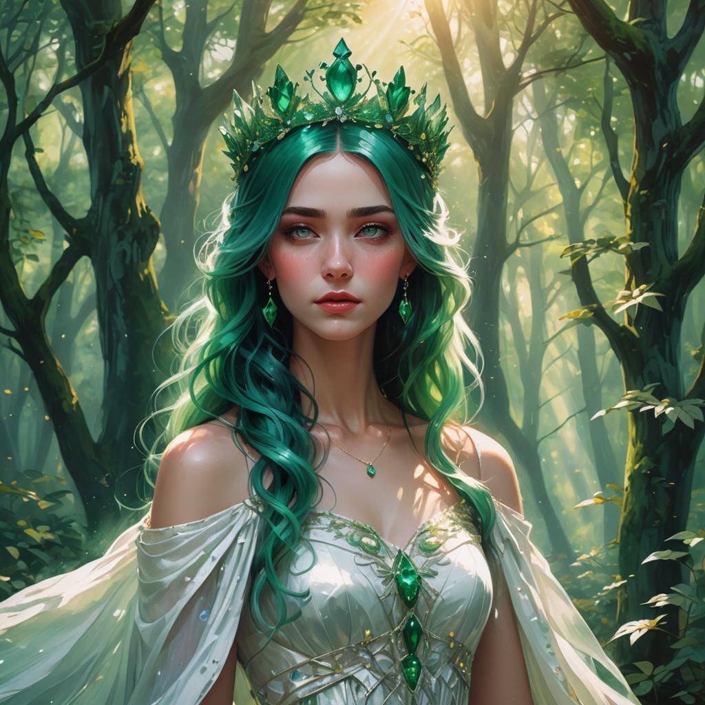 Emerald-Haired Princess in Enchanted Forest: Fantasy Art