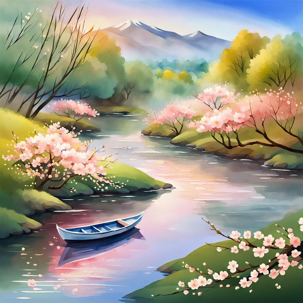 Japanese Cherry Blossoms in Watercolor Style