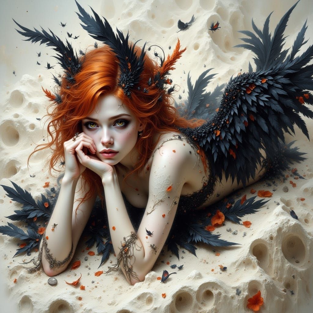 Vampire Fallen Angel with Broken Wings in Dreamy Style