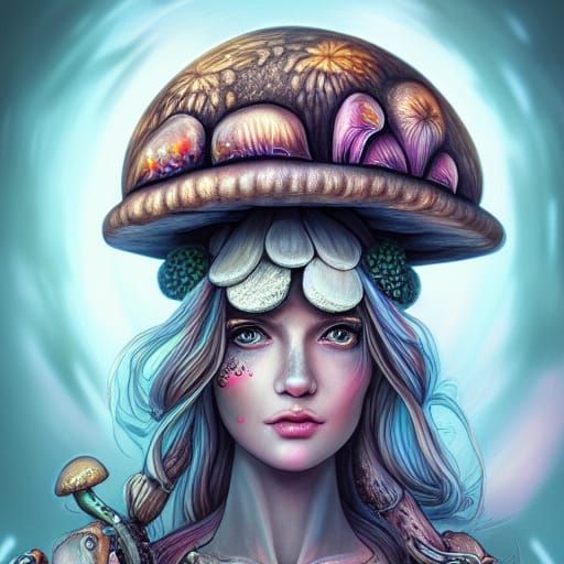 Mushroom Woman Portrait in Steampunk Cyberpunk Style