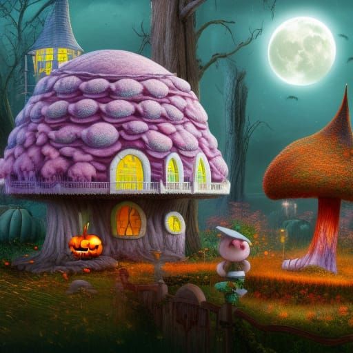Cotton Candy Mushroom House with Sleeping Bear, Matte Painti...