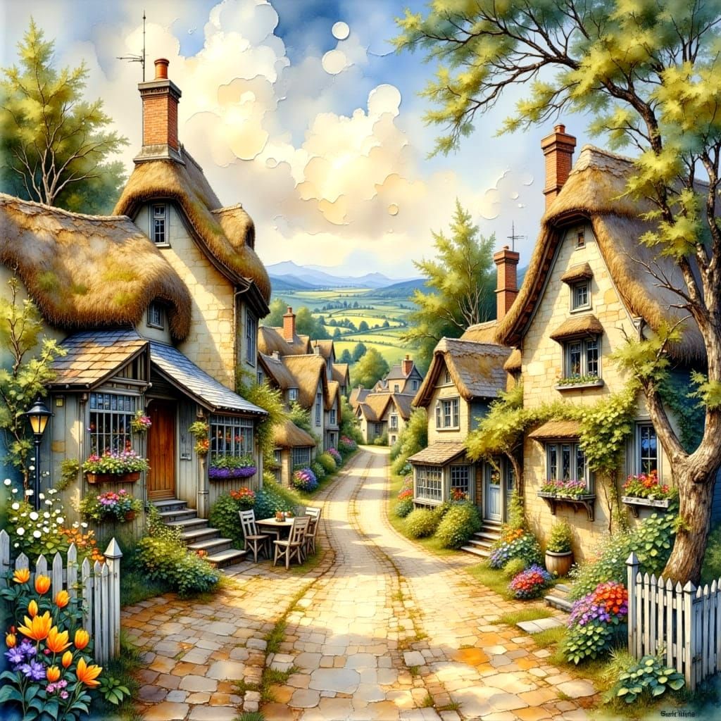 Charming English Village in Watercolor Style