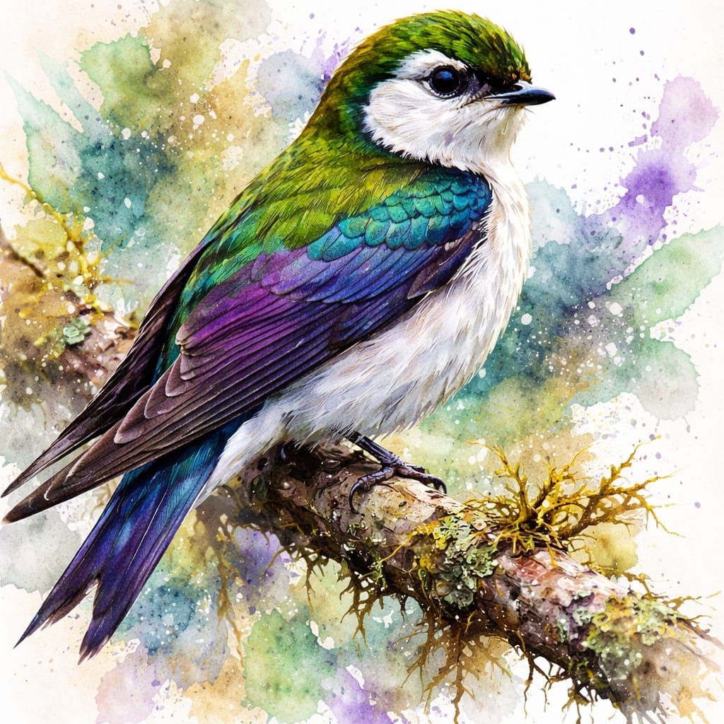 Violet-Green Swallow Close Up in Watercolor Style
