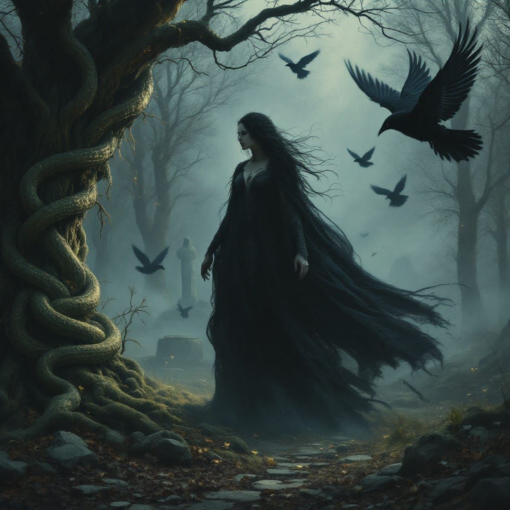 Celtic Goddess Morrigan in Primeval Forest