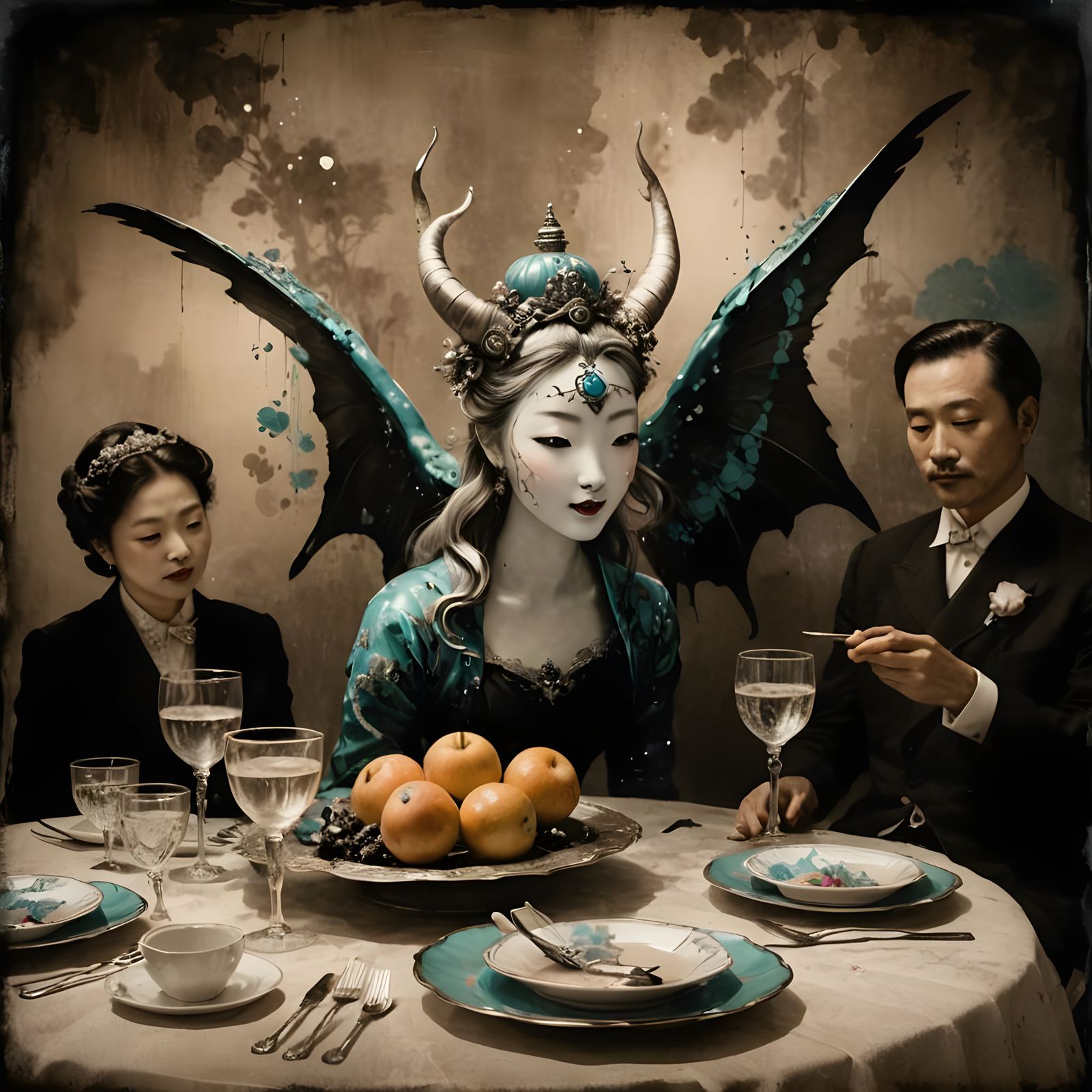 Sumi-e Portrait with Geometric Bauhaus Elements