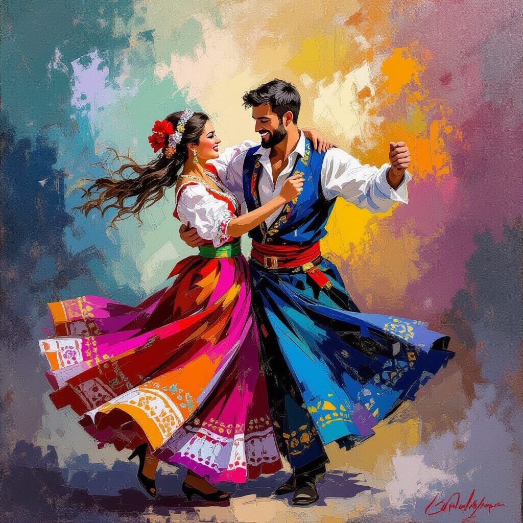 Albanian Couple Dancing in Traditional Attire, Abstract Art