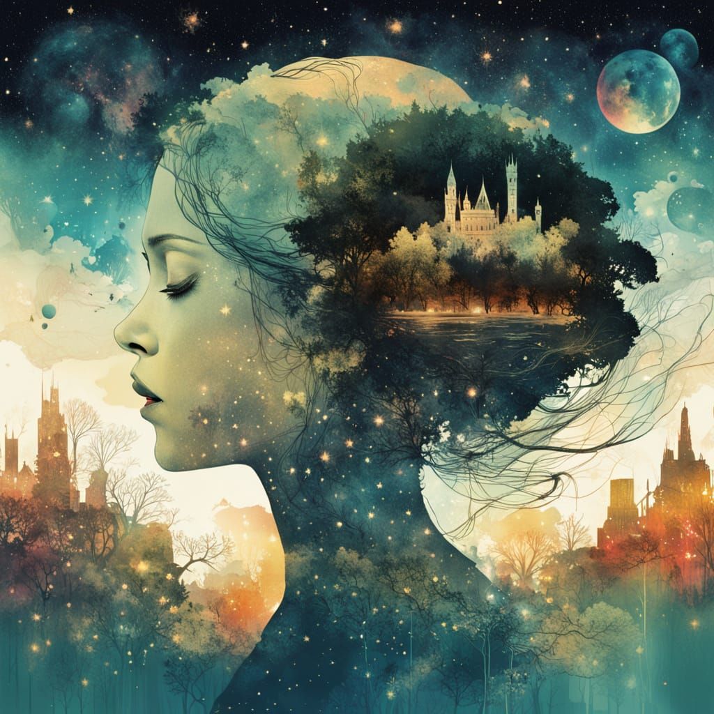 Surreal Princess Silhouette Amidst Galactic Cityscape in Cyb...