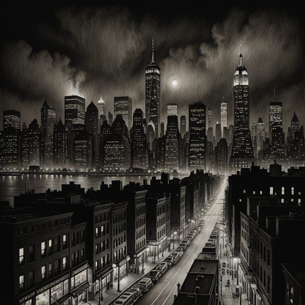 Moody Manhattan Skyline in Charcoal Drawing Style
