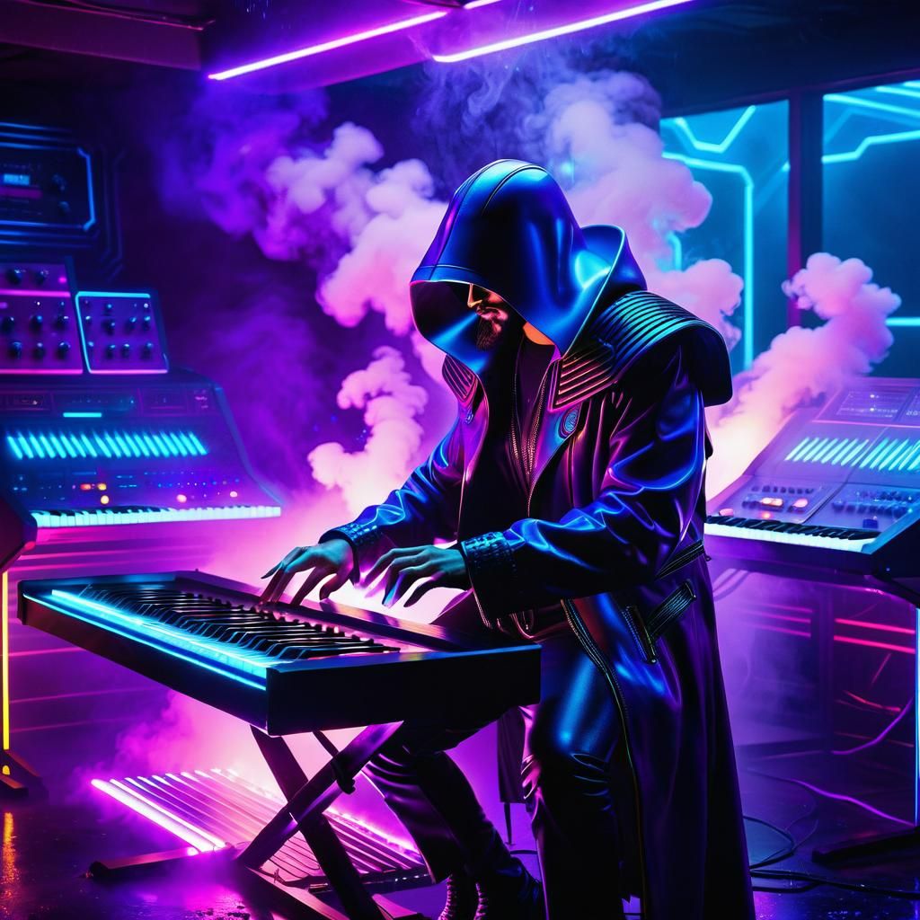 Synth Wizard in Neon Lit Room: Synthwave Art
