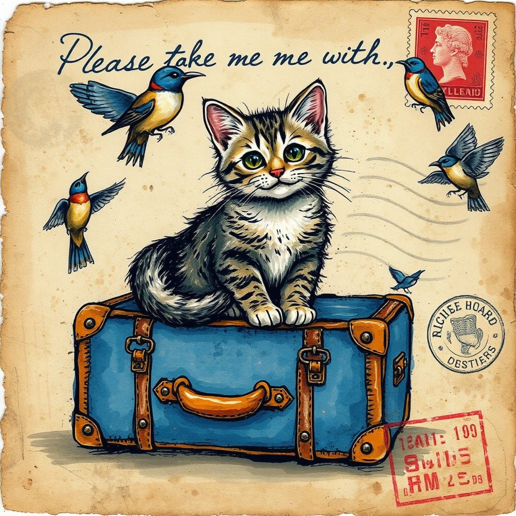 Vibrant Cat's Suitcase Journey in Impasto Art