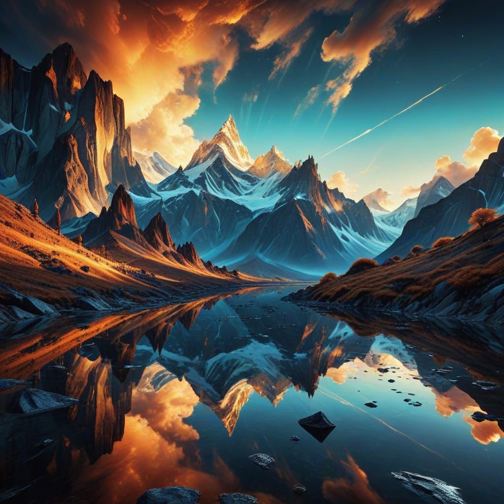 Surreal Alps with Mirror Peaks Reflecting Alternate Realitie...