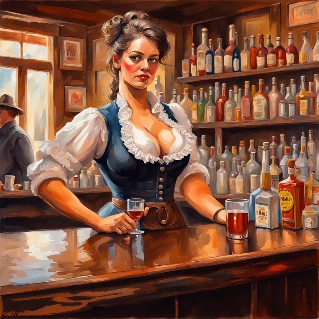 Saloon Bartender in Old West: Gouache Impressionist Style