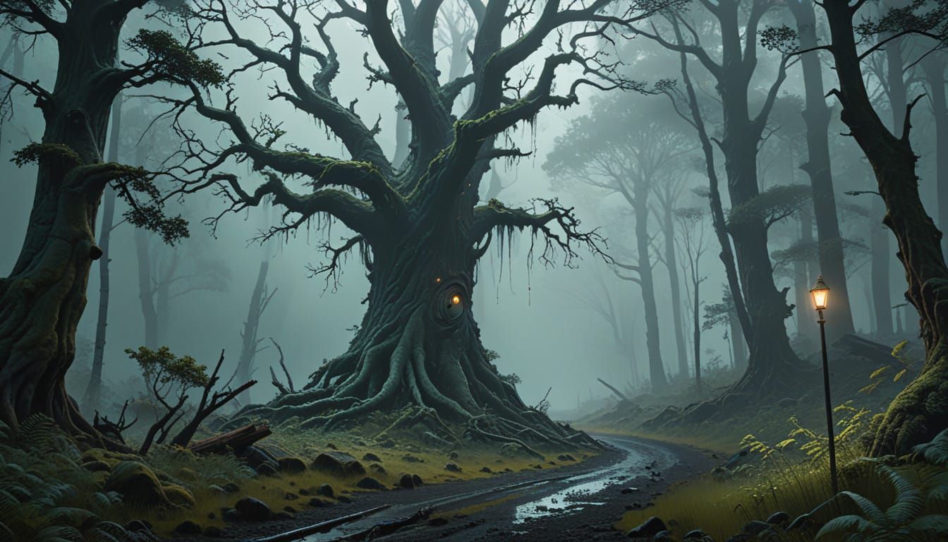 Mystical Forestscape with Silver Bark Tree in Misty Fog