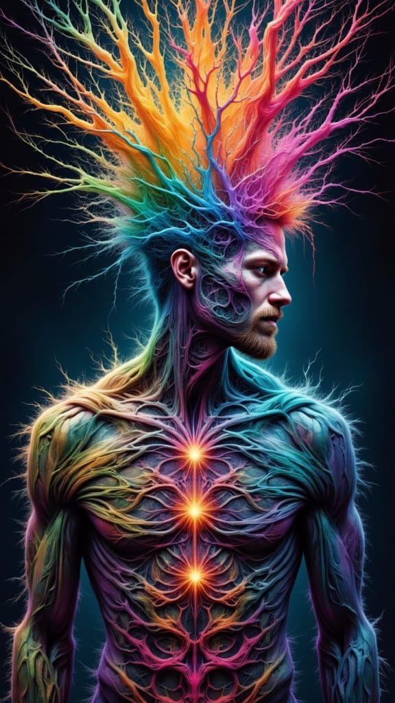 Fractal Faced Man with Rainbow Lightning in X-Ray Art