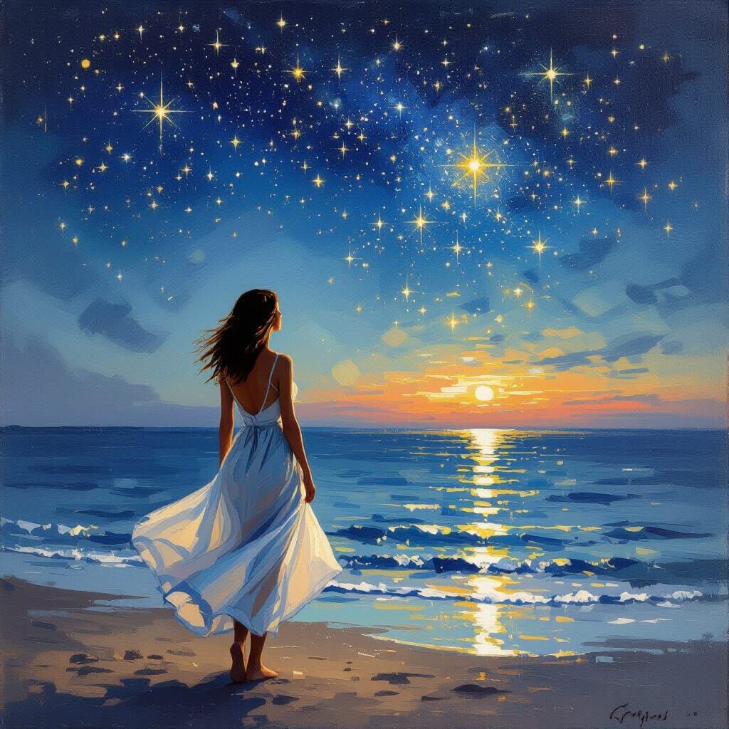 Impressionistic Starry Night Seaside Scene