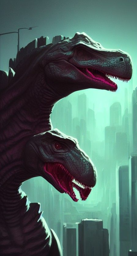 Cyberpunk Dinosaur Portrait in Neon Noir City