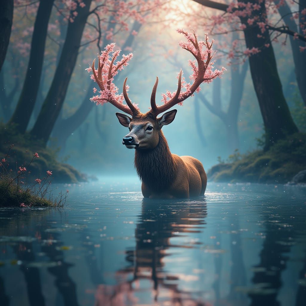 Luminous Stag with Blossoms in Starlit Lake