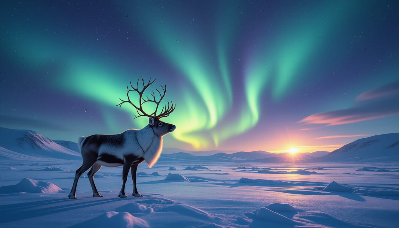 Hyperrealistic Reindeer Under Cosmic Auroras