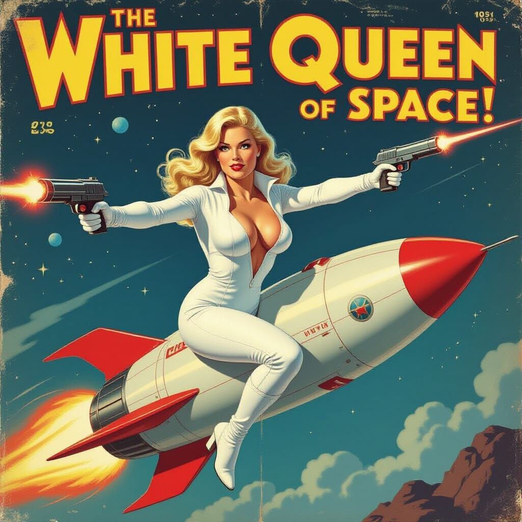 White Queen Rides Rocket in Pulp Sci-Fi Cover Art