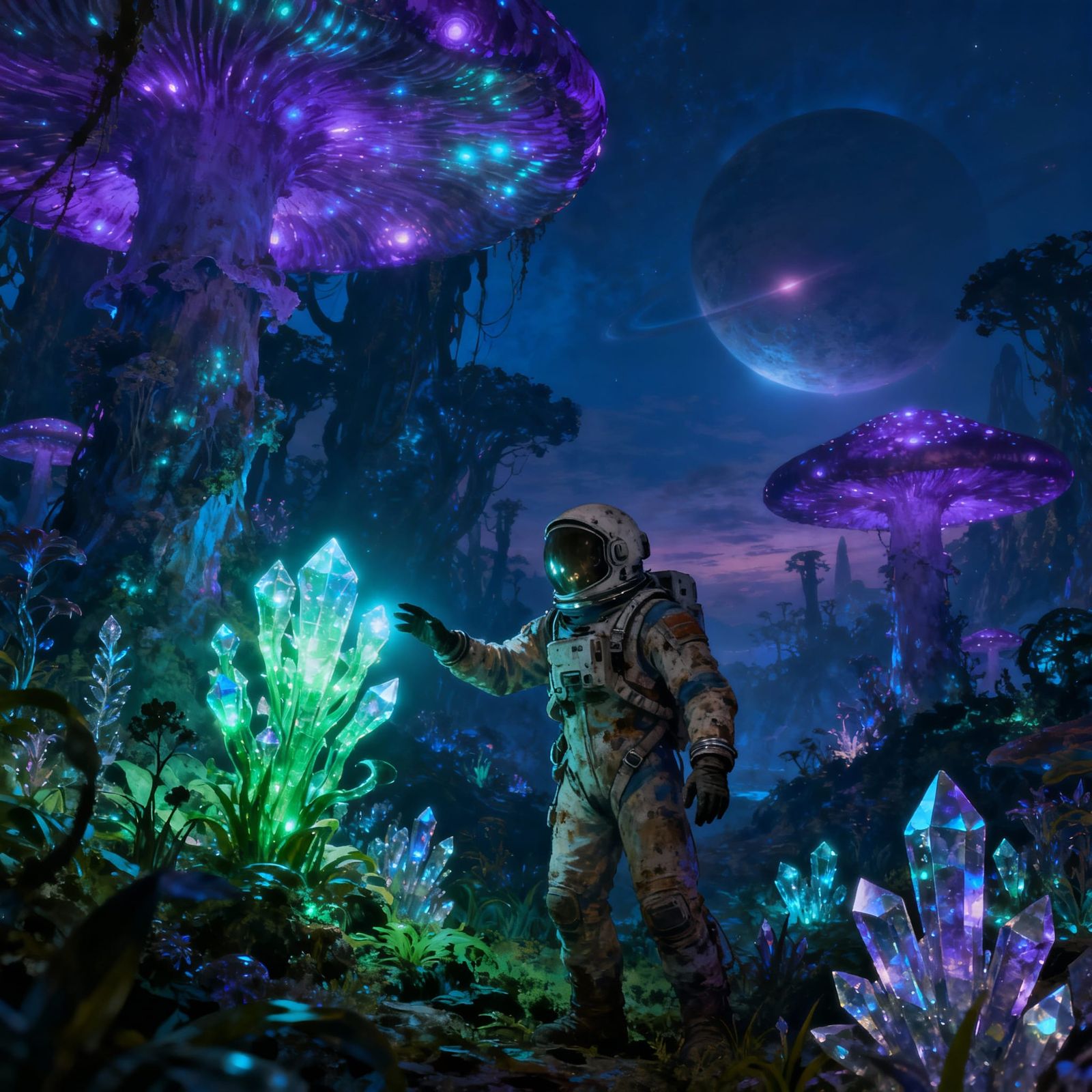 Astronaut Explores Alien Bioluminescent Forest in Sci-Fi Mat...