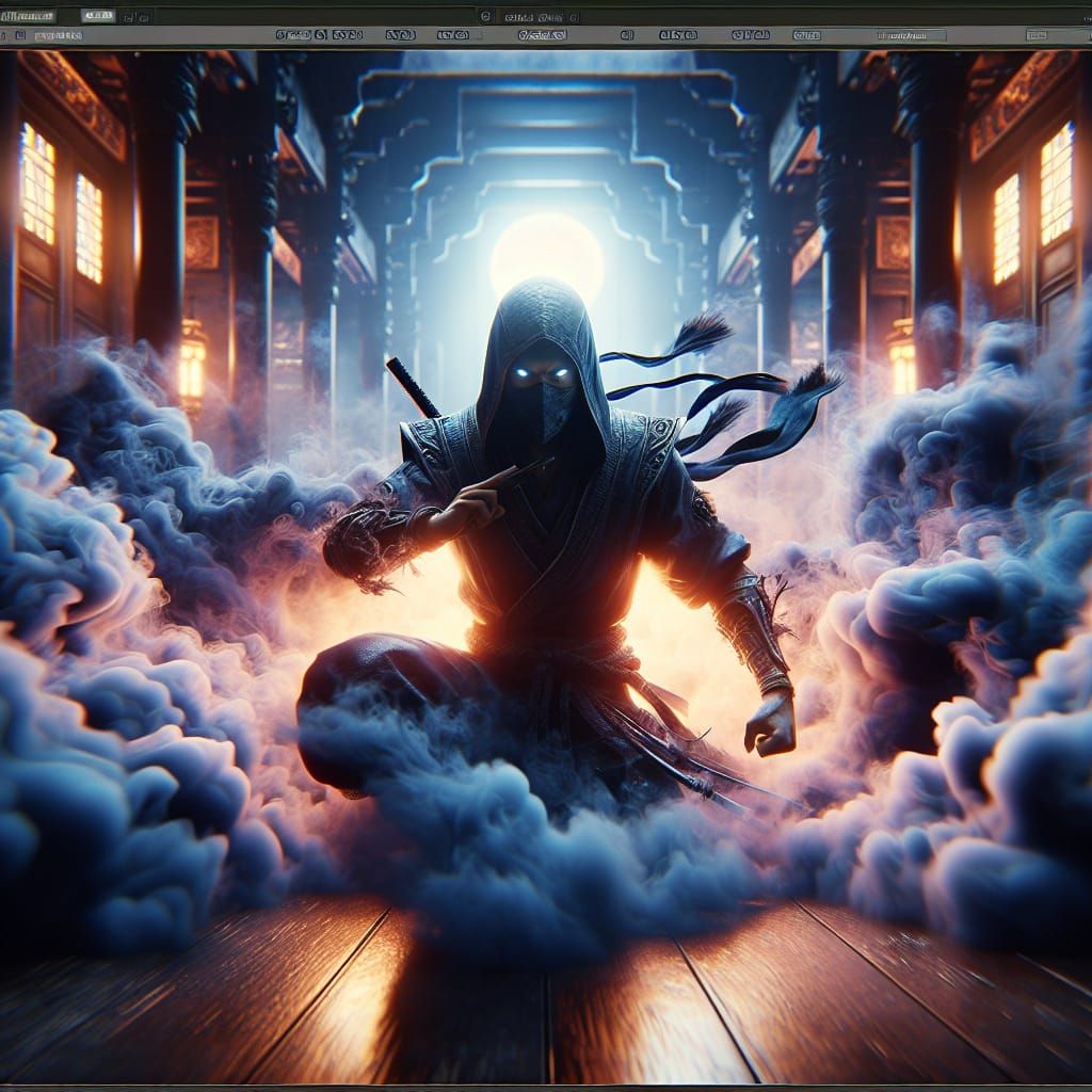 Ninja Shrouded in Smoke: 3D Cinematic Art