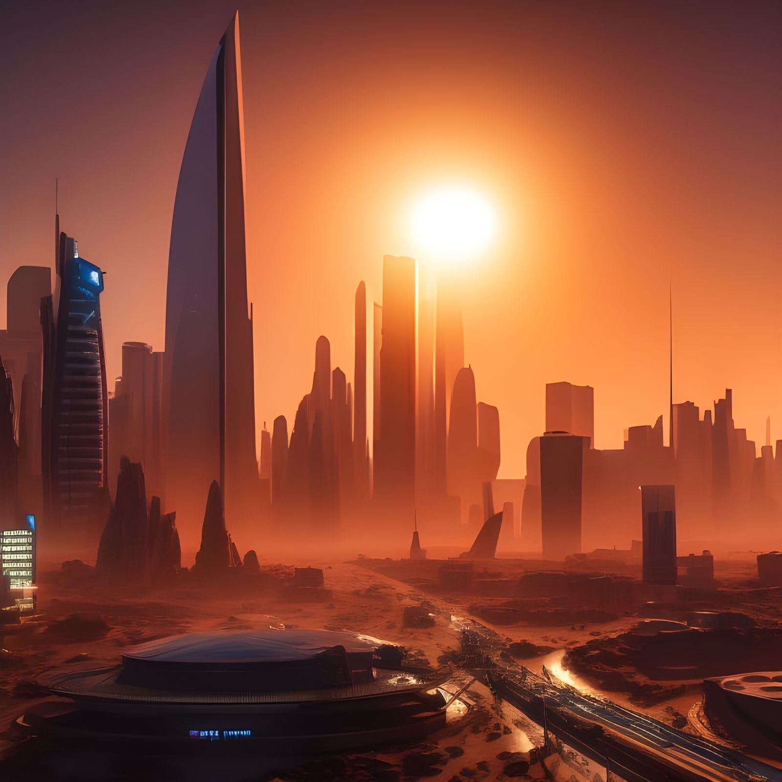 Futuristic City on Mars at Golden Hour