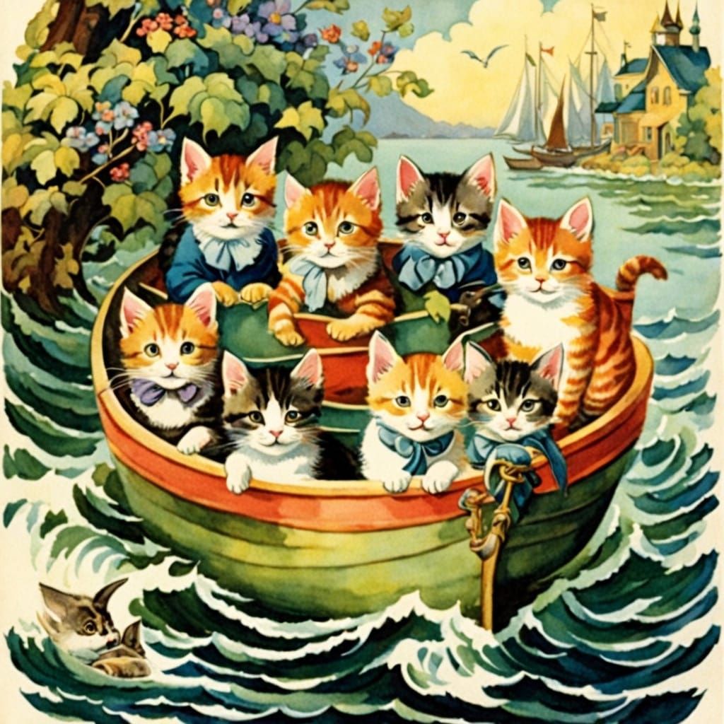 Whimsical Watercolor Kittens Adrift on a Vintage Boat