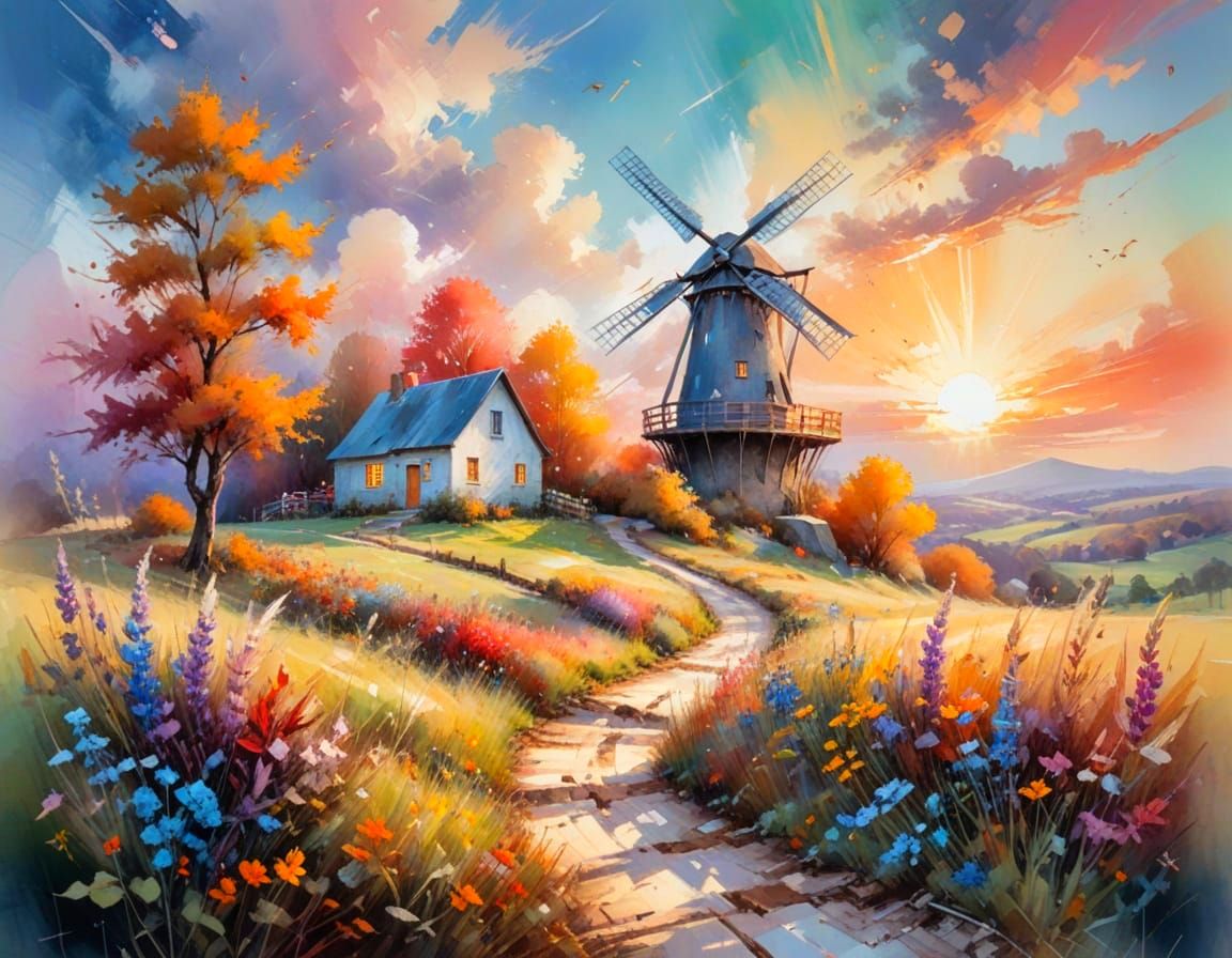 Autumn Windmill Landscape in Neo-Impressionist Style