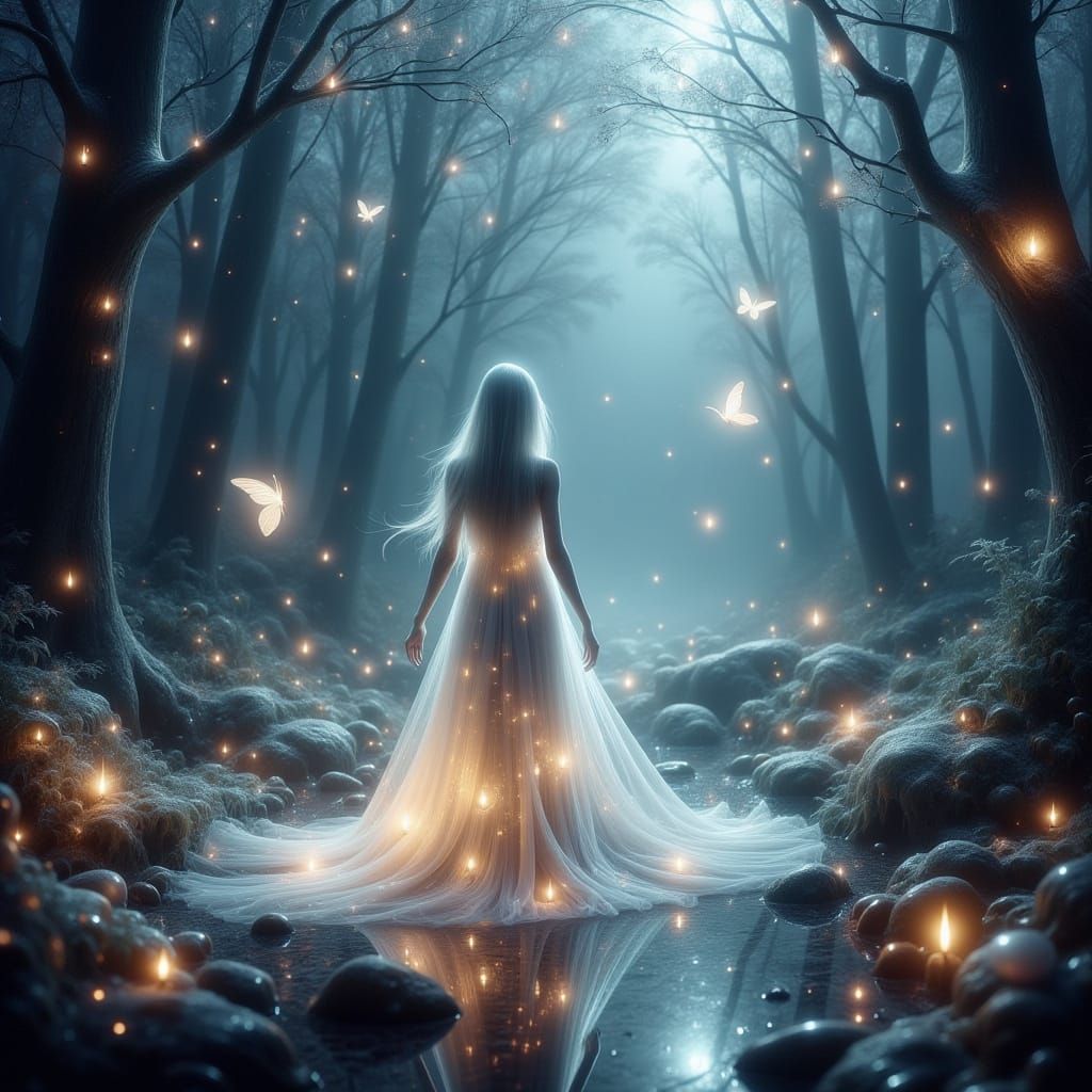 Ethereal Twilight Forest Scene with Glowing Mist