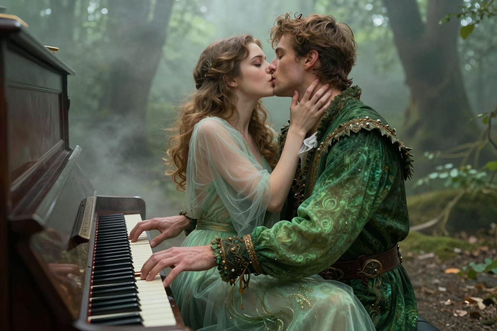 Romantic Couple Embraces While Playing Piano