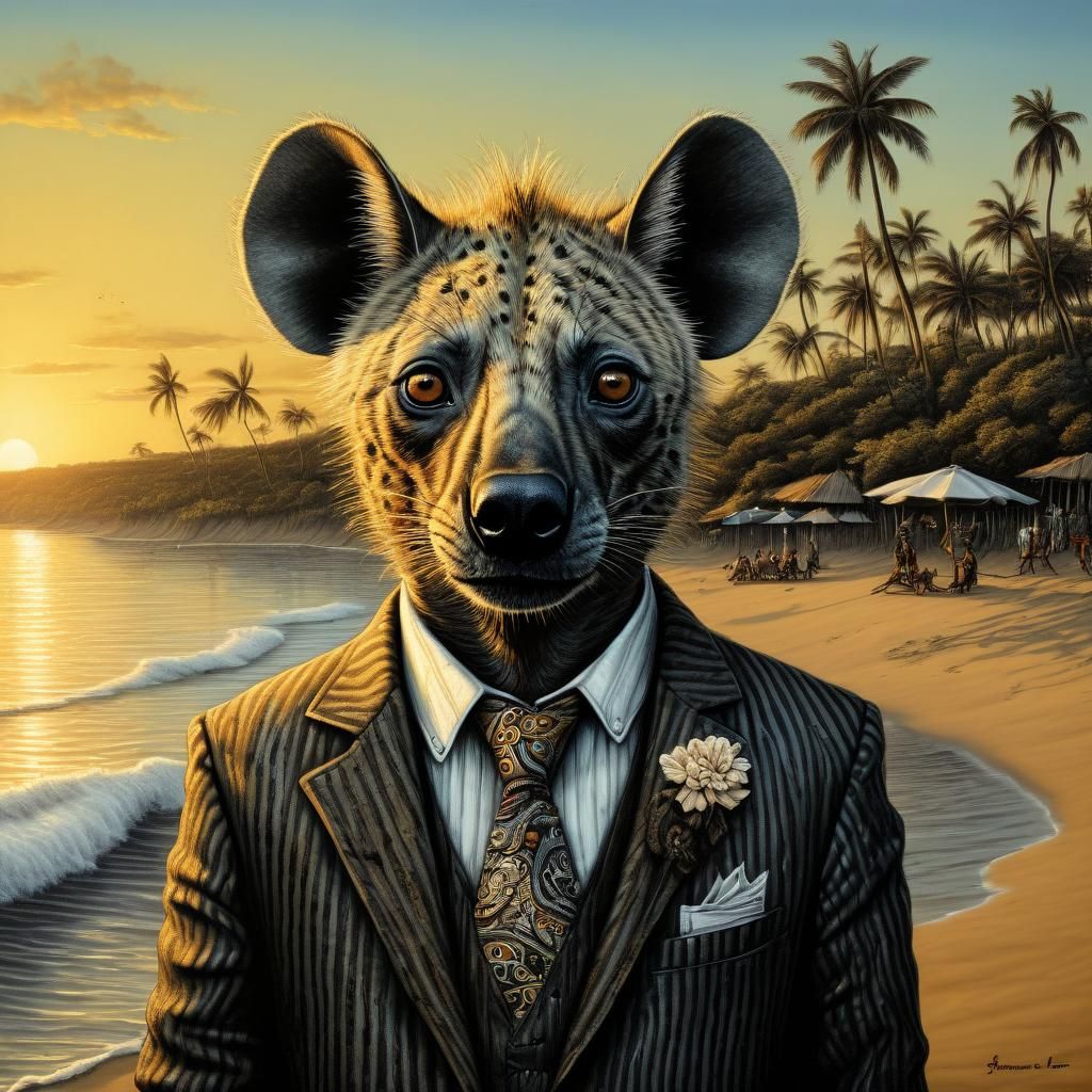 portrait, Anthropomorphic Hyena tourist, Madagascar sunset b...
