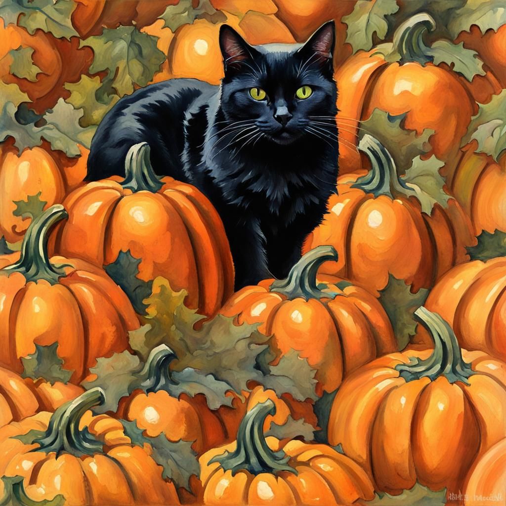 Black Cat in Pumpkin, Rockwell-esque Gouache Painting