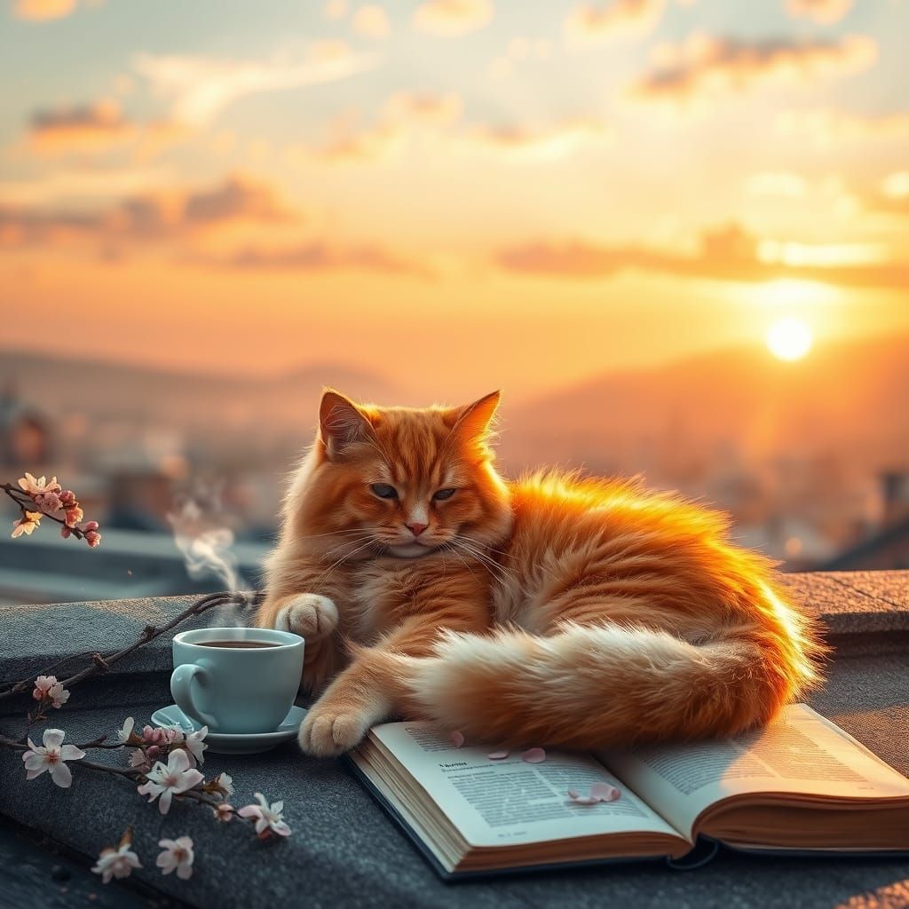 Warm Sunset Cat on Rooftop in Impressionist Style