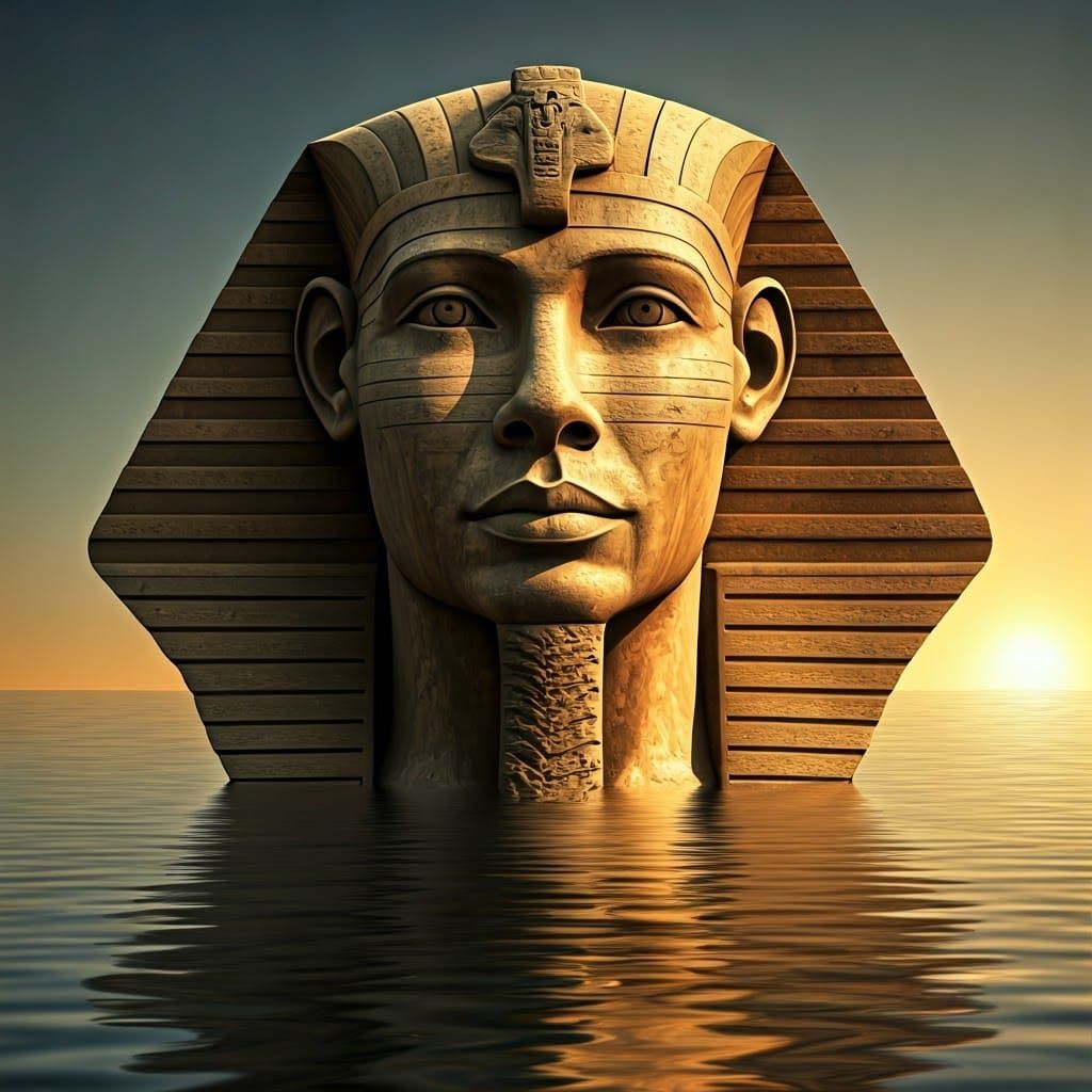 Ancient Sphinx Statue Emerging from Desert Water in Hyper-Re...