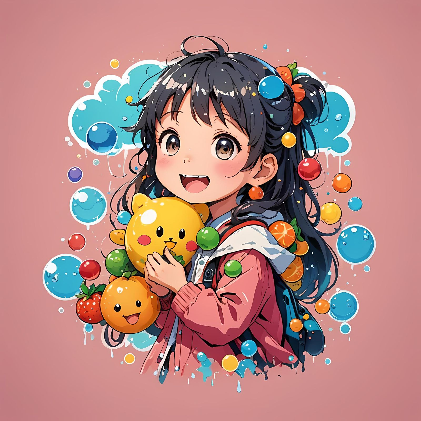 Joyful Anime Doodle with Bubbles and Fruits