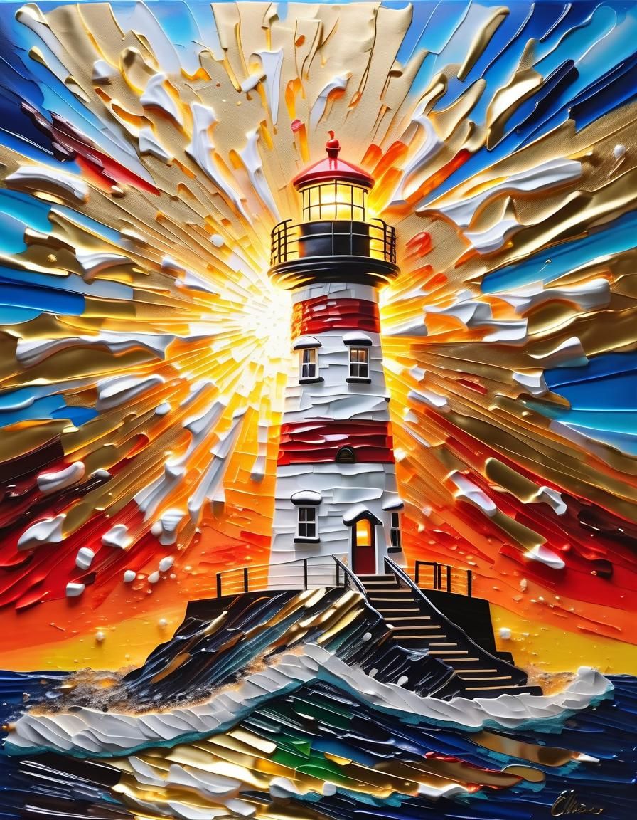 Ocean Lighthouse in Impasto Oil Paint with Gold Accents