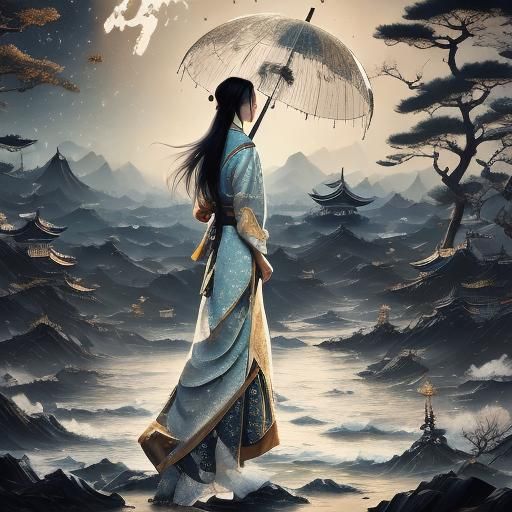 Girl with Chinese Umbrella Watching Moonlit Galaxy