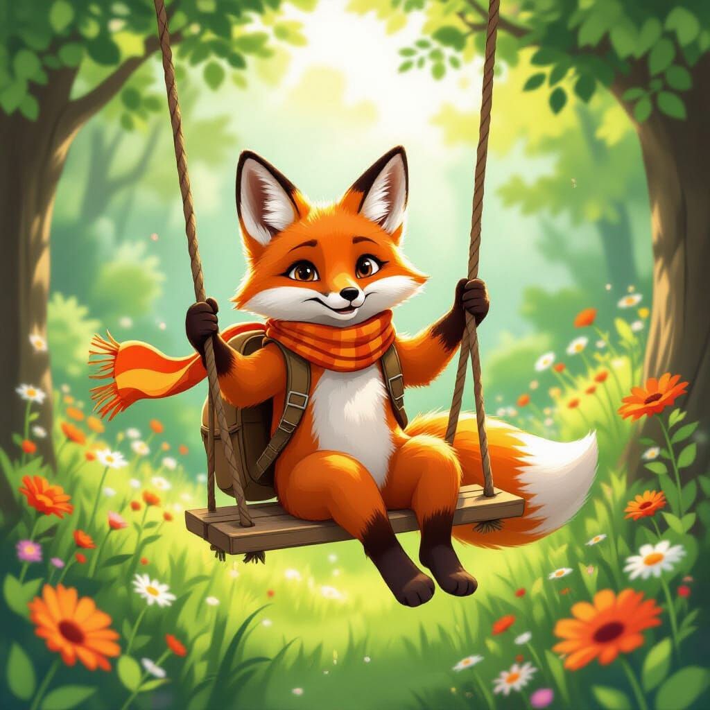 Fox Swinging on Vintage Swing in Lush Nature
