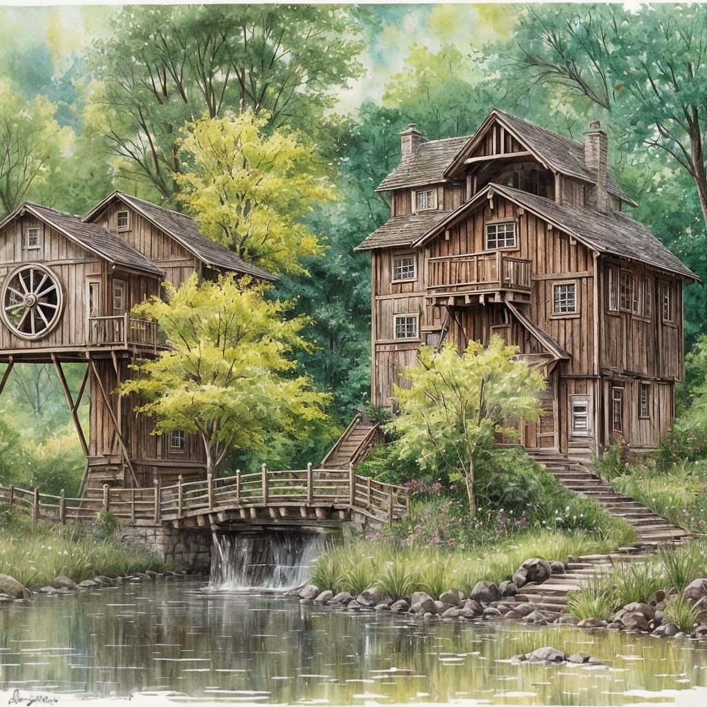 Enchanting Cottage with Waterwheel in Ink Painting Style