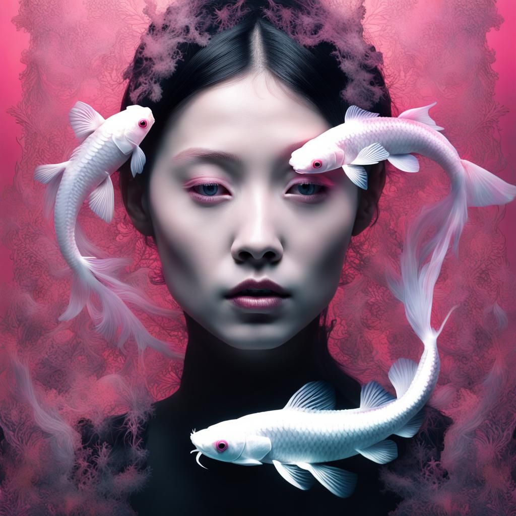 Neon Portrait of Woman with Ghostly Koi Fish