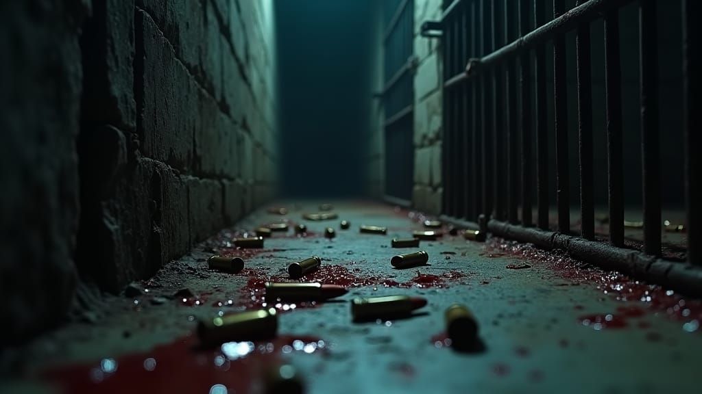 Dark Jail Cell Interior with Blood, Hyperrealistic Style
