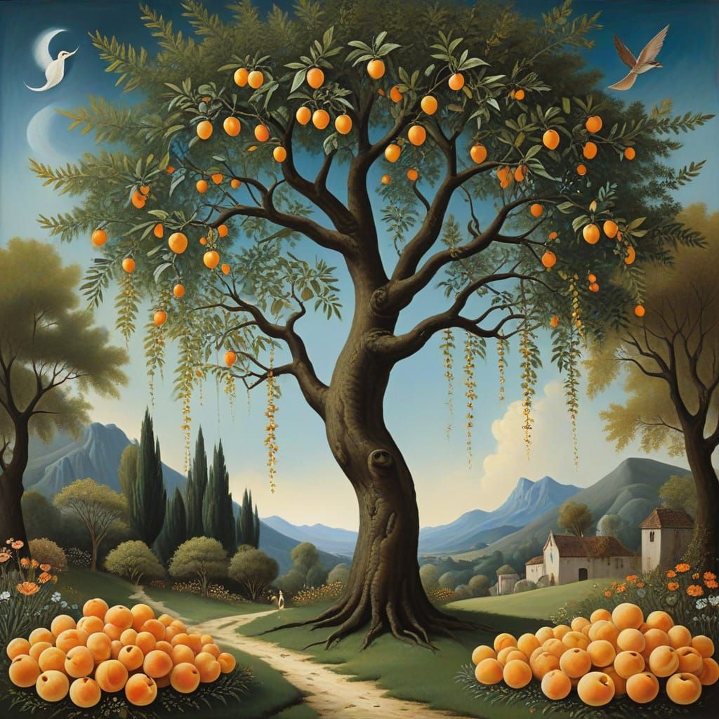 Whimsical Apricot Tree in Dreamy Summer Landscape